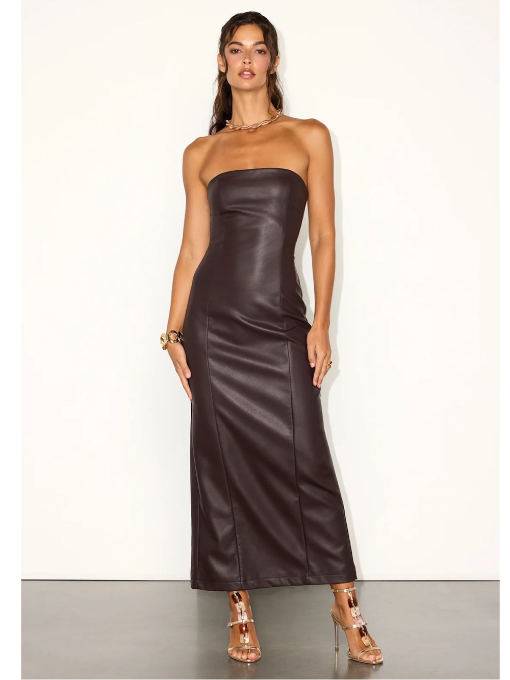 Lulus Antionette Dark Brown Vegan Leather Column Strapless Maxi Dress Event